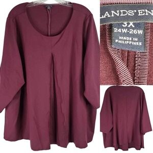 Lands End Shirt Womens Plus Size 3X Maroon Red 3/4 Sleeve Tunic Too Viscose